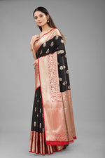 Thumbnail for Black Pure Silk Woven Zari Design Floral Saree with Unstitched Blouse - Hiral Fashion - Distacart