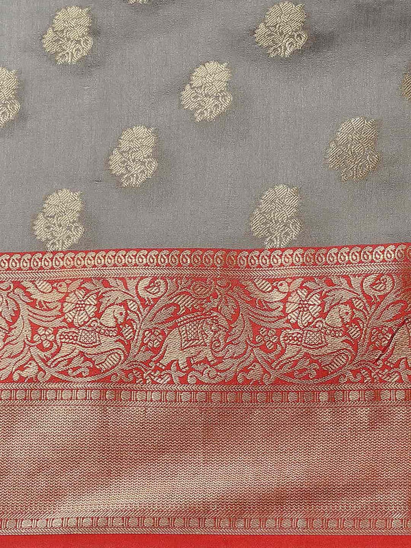 Gray Pure Silk Woven Zari Design Floral Saree with Unstitched Blouse - Hiral Fashion - Distacart