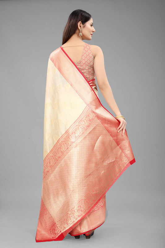 White Pure Silk Woven Zari Design Floral Saree with Unstitched Blouse - Hiral Fashion - Distacart