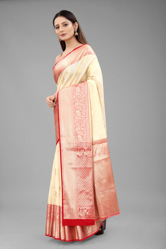 White Pure Silk Woven Zari Design Floral Saree with Unstitched Blouse - Hiral Fashion - Distacart