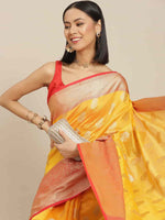 Thumbnail for Yellow Pure Silk Woven Zari Design Floral Saree with Unstitched Blouse - Hiral Fashion - Distacart