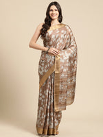 Thumbnail for Brown Silk Blend Digital Print Floral Saree with Unstitched Blouse - Hiral Fashion - Distacart