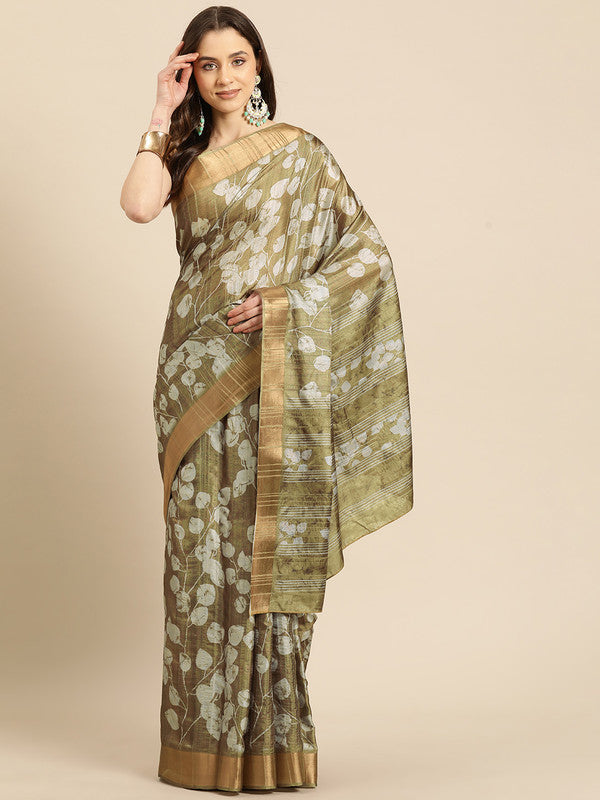 Olive Silk Blend Digital Print Floral Saree with Unstitched Blouse - Hiral Fashion - Distacart