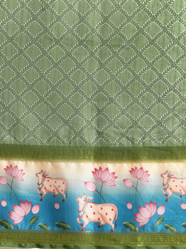 Green Kanjeevaram Silk Digital Print Geomatric Saree with Unstitched Blouse - Hiral Fashion - Distacart