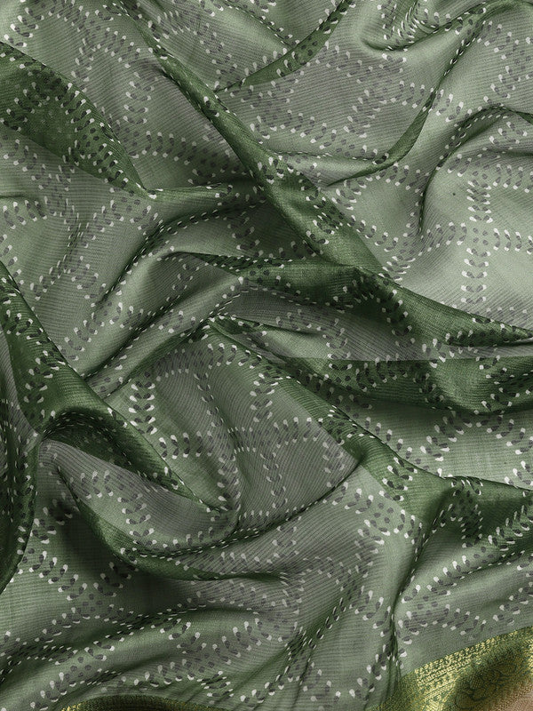 Green Kanjeevaram Silk Digital Print Geomatric Saree with Unstitched Blouse - Hiral Fashion - Distacart