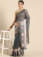 Thumbnail for Gray Kanjeevaram Silk Digital Print Geomatric Saree with Unstitched Blouse - Hiral Fashion - Distacart