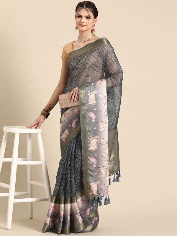 Gray Kanjeevaram Silk Digital Print Geomatric Saree with Unstitched Blouse - Hiral Fashion - Distacart