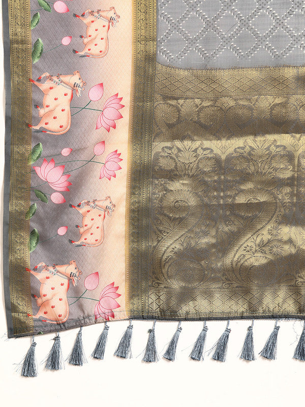 Gray Kanjeevaram Silk Digital Print Geomatric Saree with Unstitched Blouse - Hiral Fashion - Distacart