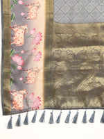 Thumbnail for Gray Kanjeevaram Silk Digital Print Geomatric Saree with Unstitched Blouse - Hiral Fashion - Distacart