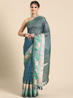 Thumbnail for Turquoise Kanjeevaram Silk Digital Print Geomatric Saree with Unstitched Blouse - Hiral Fashion - Distacart
