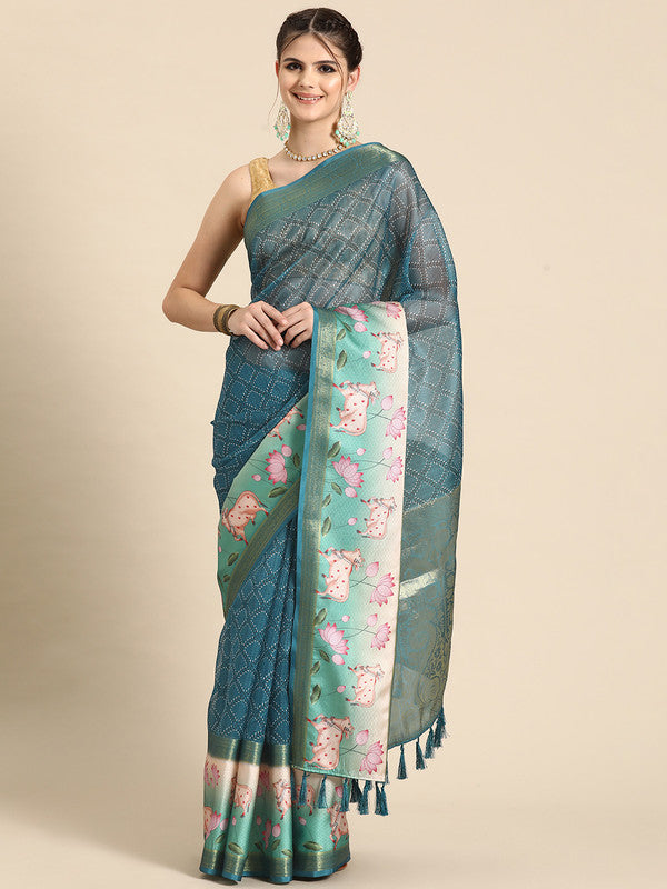 Turquoise Kanjeevaram Silk Digital Print Geomatric Saree with Unstitched Blouse - Hiral Fashion - Distacart