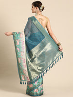 Thumbnail for Turquoise Kanjeevaram Silk Digital Print Geomatric Saree with Unstitched Blouse - Hiral Fashion - Distacart