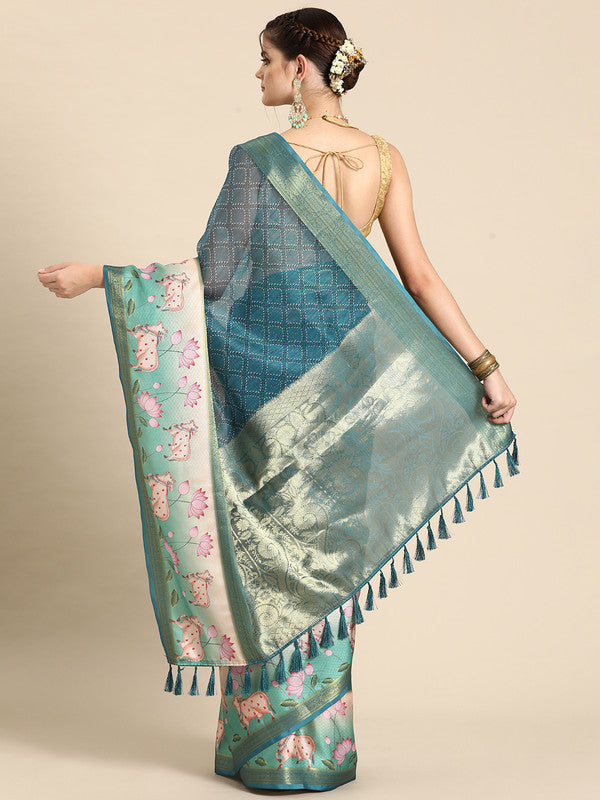 Turquoise Kanjeevaram Silk Digital Print Geomatric Saree with Unstitched Blouse - Hiral Fashion - Distacart