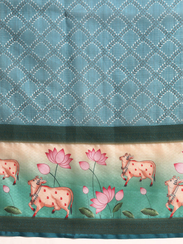 Turquoise Kanjeevaram Silk Digital Print Geomatric Saree with Unstitched Blouse - Hiral Fashion - Distacart