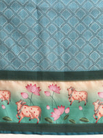 Thumbnail for Turquoise Kanjeevaram Silk Digital Print Geomatric Saree with Unstitched Blouse - Hiral Fashion - Distacart