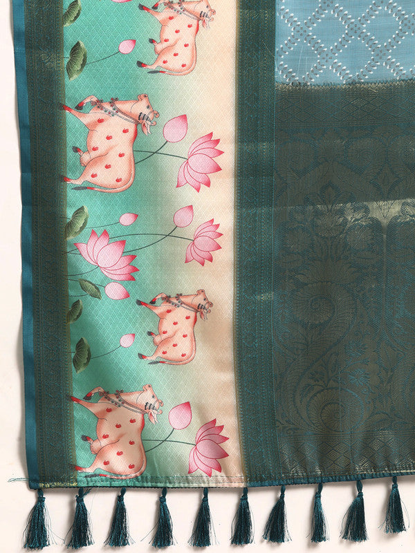 Turquoise Kanjeevaram Silk Digital Print Geomatric Saree with Unstitched Blouse - Hiral Fashion - Distacart