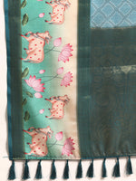Thumbnail for Turquoise Kanjeevaram Silk Digital Print Geomatric Saree with Unstitched Blouse - Hiral Fashion - Distacart