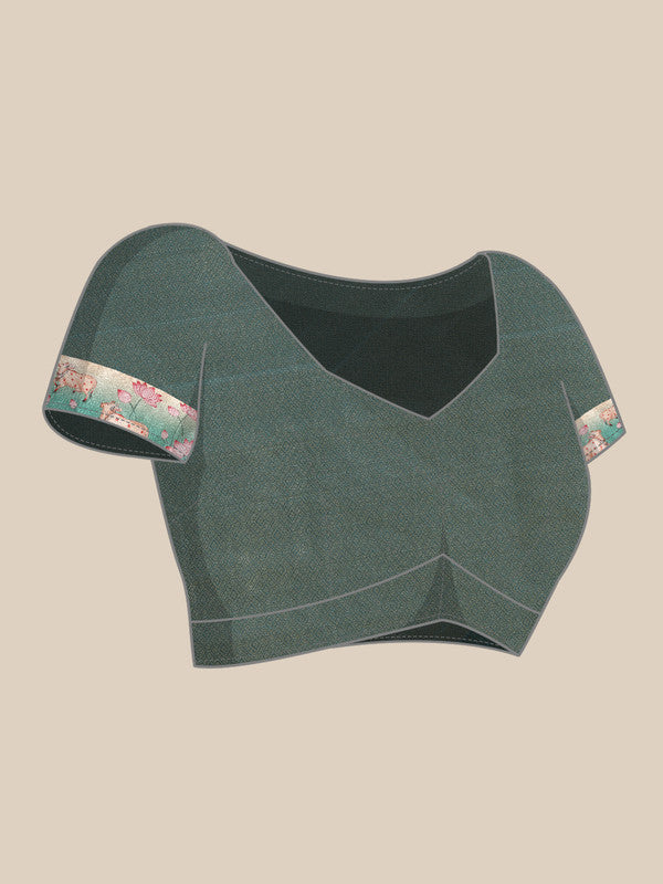 Turquoise Kanjeevaram Silk Digital Print Geomatric Saree with Unstitched Blouse - Hiral Fashion - Distacart