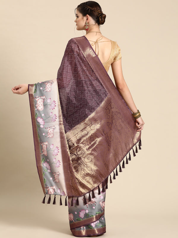 Purple Kanjeevaram Silk Digital Print Geomatric Saree with Unstitched Blouse - Hiral Fashion - Distacart
