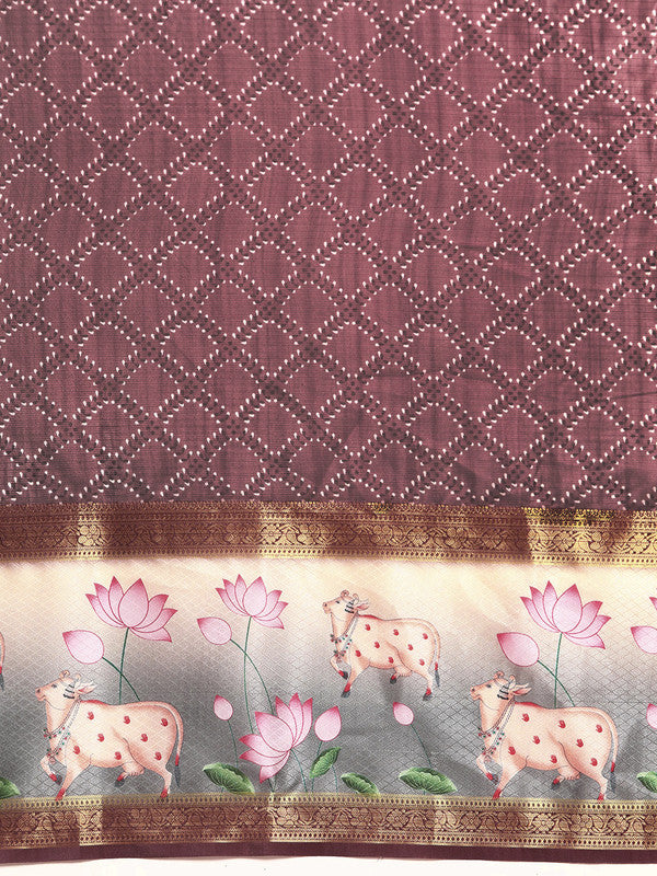 Purple Kanjeevaram Silk Digital Print Geomatric Saree with Unstitched Blouse - Hiral Fashion - Distacart