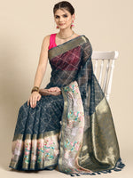 Thumbnail for Gray Kanjeevaram Silk Digital Print Geomatric Saree with Unstitched Blouse - Hiral Fashion - Distacart