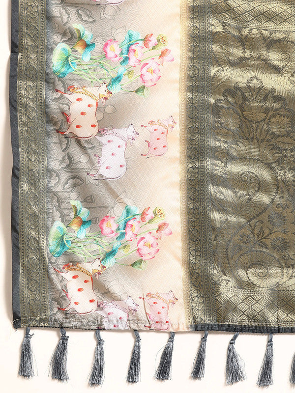 Gray Kanjeevaram Silk Digital Print Geomatric Saree with Unstitched Blouse - Hiral Fashion - Distacart