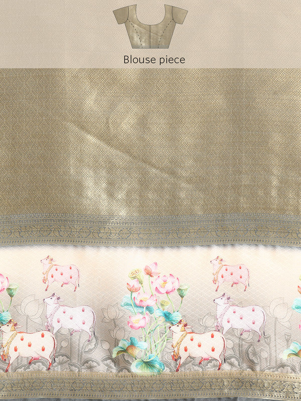 Gray Kanjeevaram Silk Digital Print Geomatric Saree with Unstitched Blouse - Hiral Fashion - Distacart