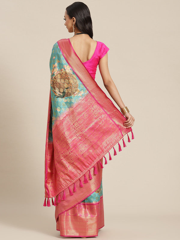Turquoise Art Silk Printed Polka Dots Saree with Unstitched Blouse - Hiral Fashion - Distacart