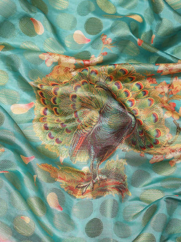 Turquoise Art Silk Printed Polka Dots Saree with Unstitched Blouse - Hiral Fashion - Distacart