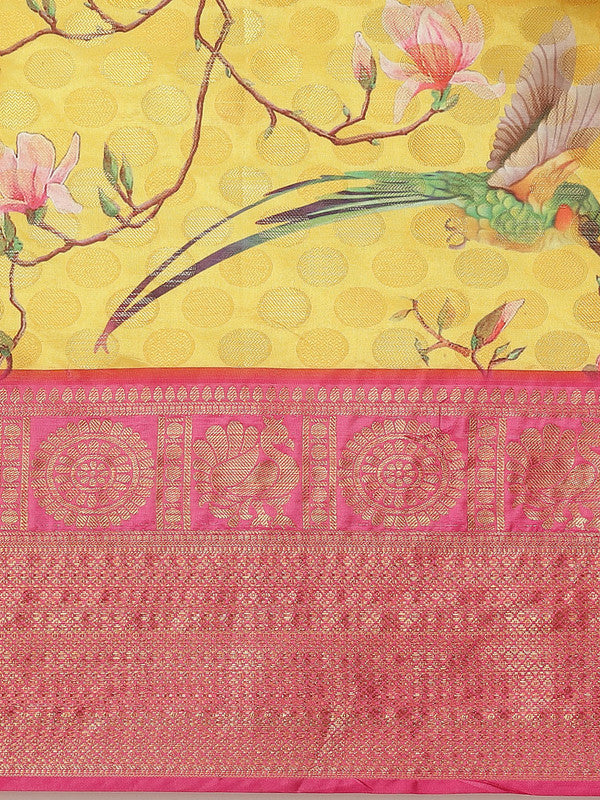 Yellow Art Silk Printed Polka Dots Saree with Unstitched Blouse - Hiral Fashion - Distacart