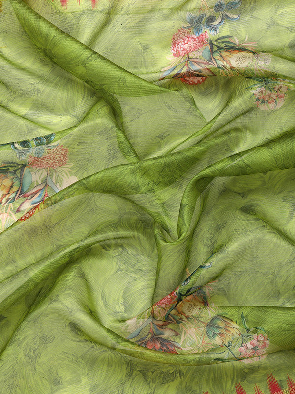 Green Kanjeevaram Silk Digital Print Floral Saree with Unstitched Blouse - Hiral Fashion - Distacart