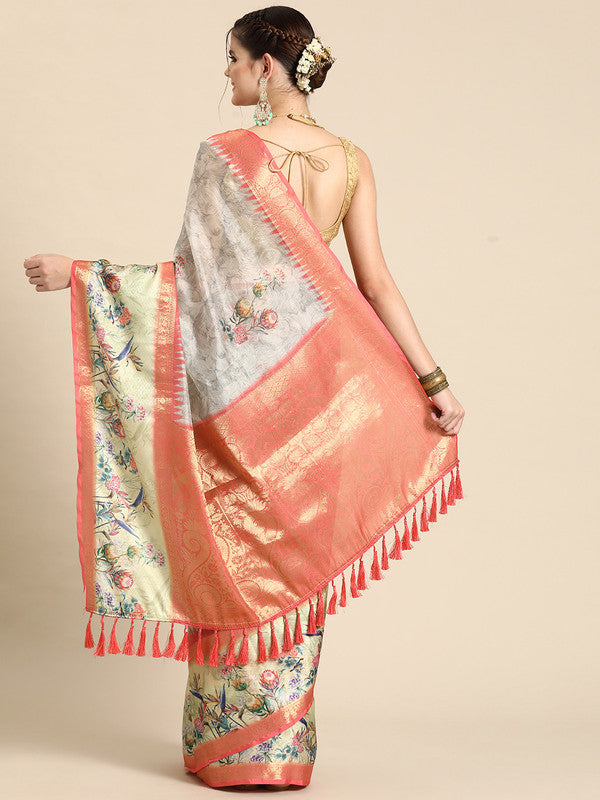 Gray Kanjeevaram Silk Digital Print Floral Saree with Unstitched Blouse - Hiral Fashion - Distacart