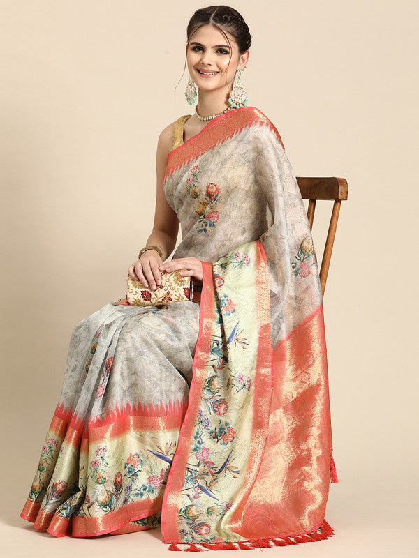 Gray Kanjeevaram Silk Digital Print Floral Saree with Unstitched Blouse - Hiral Fashion - Distacart