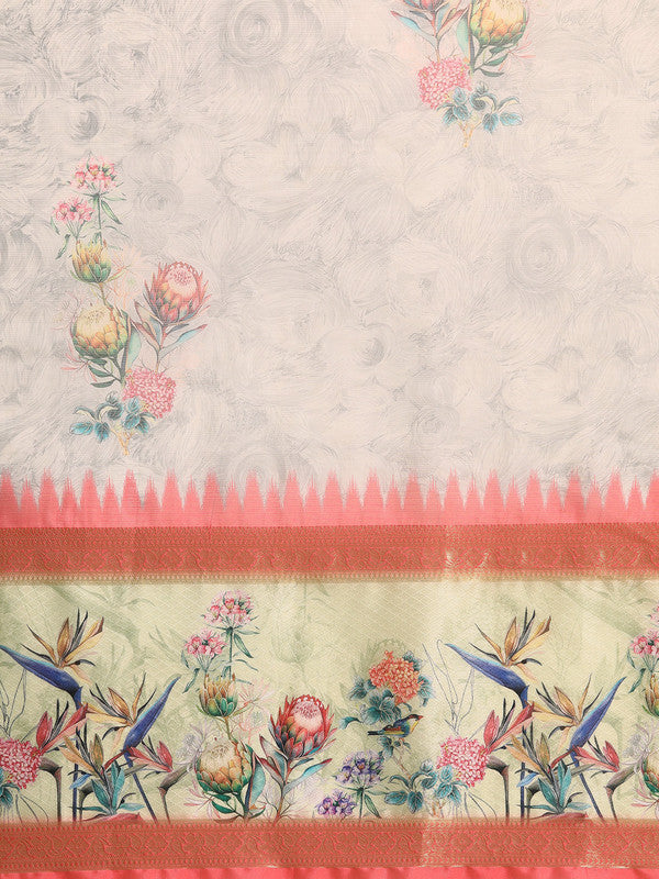 Gray Kanjeevaram Silk Digital Print Floral Saree with Unstitched Blouse - Hiral Fashion - Distacart