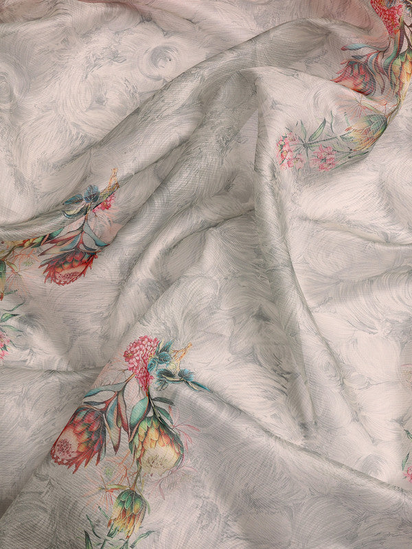 Gray Kanjeevaram Silk Digital Print Floral Saree with Unstitched Blouse - Hiral Fashion - Distacart