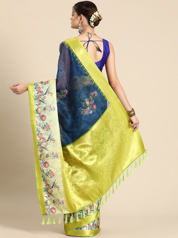 Navy Blue Kanjeevaram Silk Digital Print Floral Saree with Unstitched Blouse - Hiral Fashion - Distacart