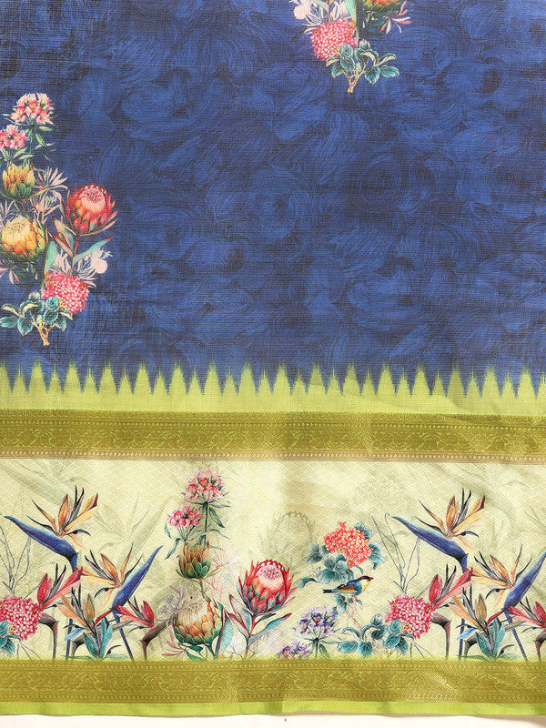Navy Blue Kanjeevaram Silk Digital Print Floral Saree with Unstitched Blouse - Hiral Fashion - Distacart