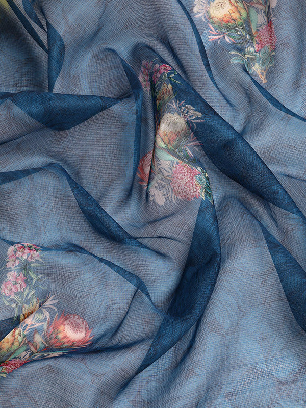 Navy Blue Kanjeevaram Silk Digital Print Floral Saree with Unstitched Blouse - Hiral Fashion - Distacart