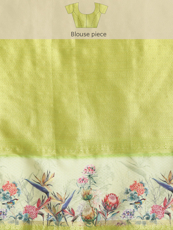 Navy Blue Kanjeevaram Silk Digital Print Floral Saree with Unstitched Blouse - Hiral Fashion - Distacart