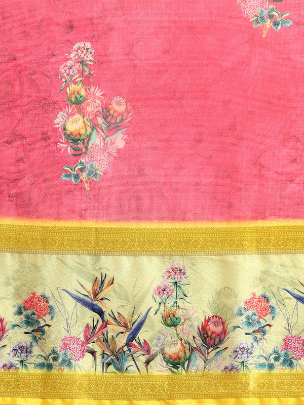 Red Kanjeevaram Silk Digital Print Floral Saree with Unstitched Blouse - Hiral Fashion - Distacart