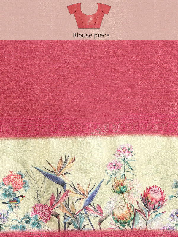 Turquoise Kanjeevaram Silk Digital Print Floral Saree with Unstitched Blouse - Hiral Fashion - Distacart