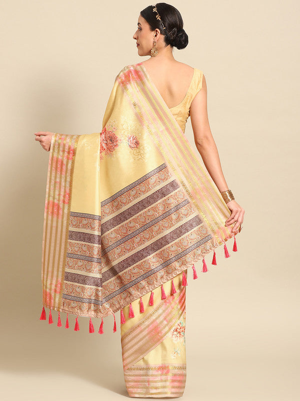Mustard Art Silk Printed Floral Saree with Unstitched Blouse - Hiral Fashion - Distacart