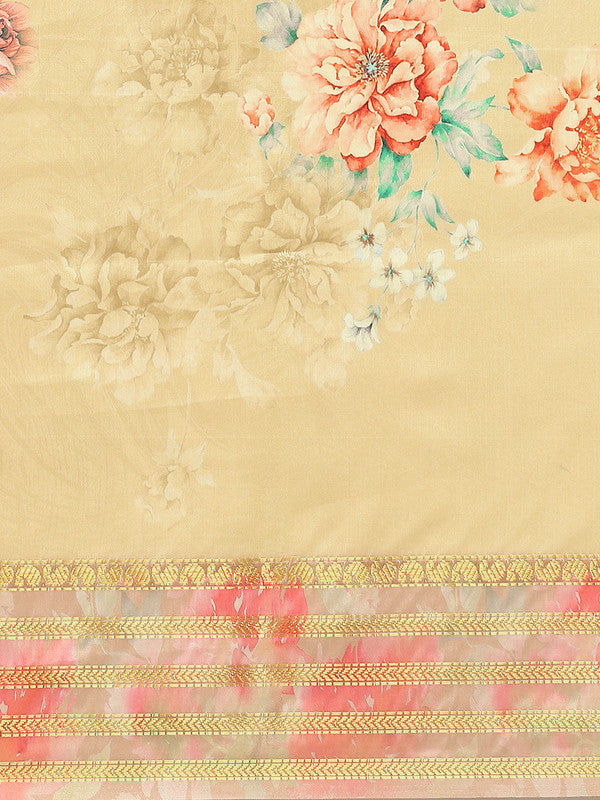 Mustard Art Silk Printed Floral Saree with Unstitched Blouse - Hiral Fashion - Distacart