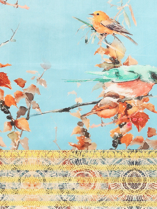 Blue Art Silk Printed Floral Saree with Unstitched Blouse - Hiral Fashion - Distacart