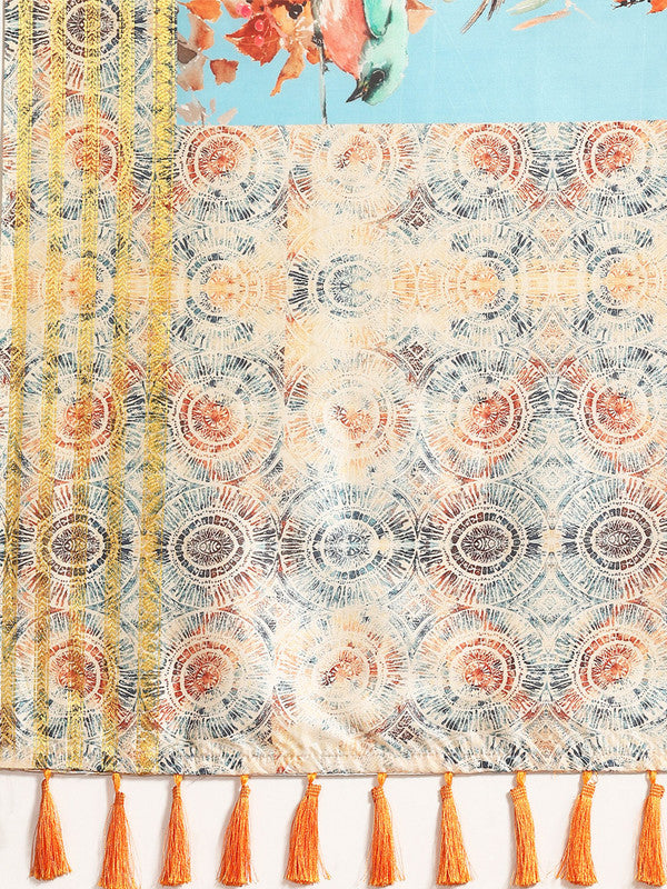 Blue Art Silk Printed Floral Saree with Unstitched Blouse - Hiral Fashion - Distacart