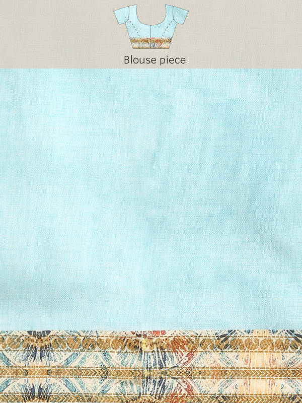 Blue Art Silk Printed Floral Saree with Unstitched Blouse - Hiral Fashion - Distacart