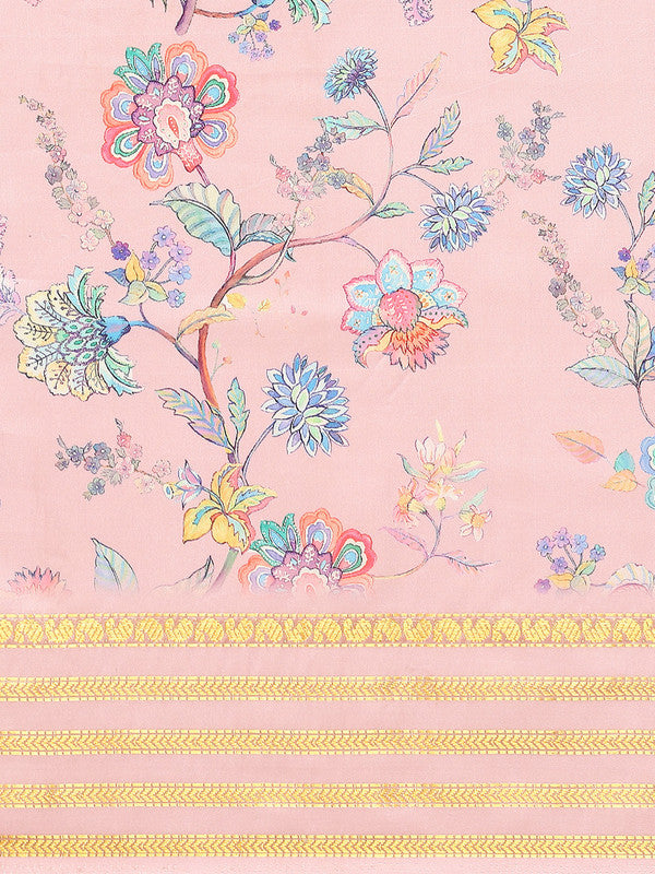 Pink Art Silk Printed Floral Saree with Unstitched Blouse - Hiral Fashion - Distacart