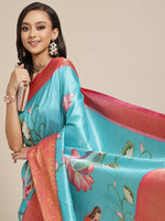Thumbnail for Turquoise Art Silk Digital Print Floral Saree with Unstitched Blouse - Hiral Fashion - Distacart