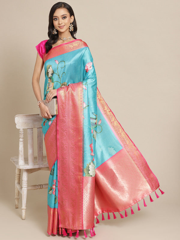 Turquoise Art Silk Digital Print Floral Saree with Unstitched Blouse - Hiral Fashion - Distacart