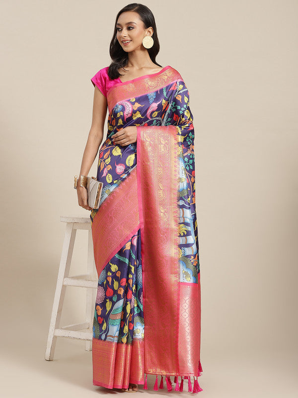 Navy Blue Art Silk Digital Print Floral Saree with Unstitched Blouse - Hiral Fashion - Distacart